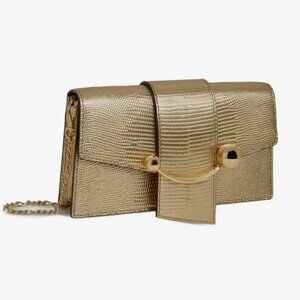 Strathberry Crescent Metallic Lizard-Embossed Clutch / Crossbody Bag